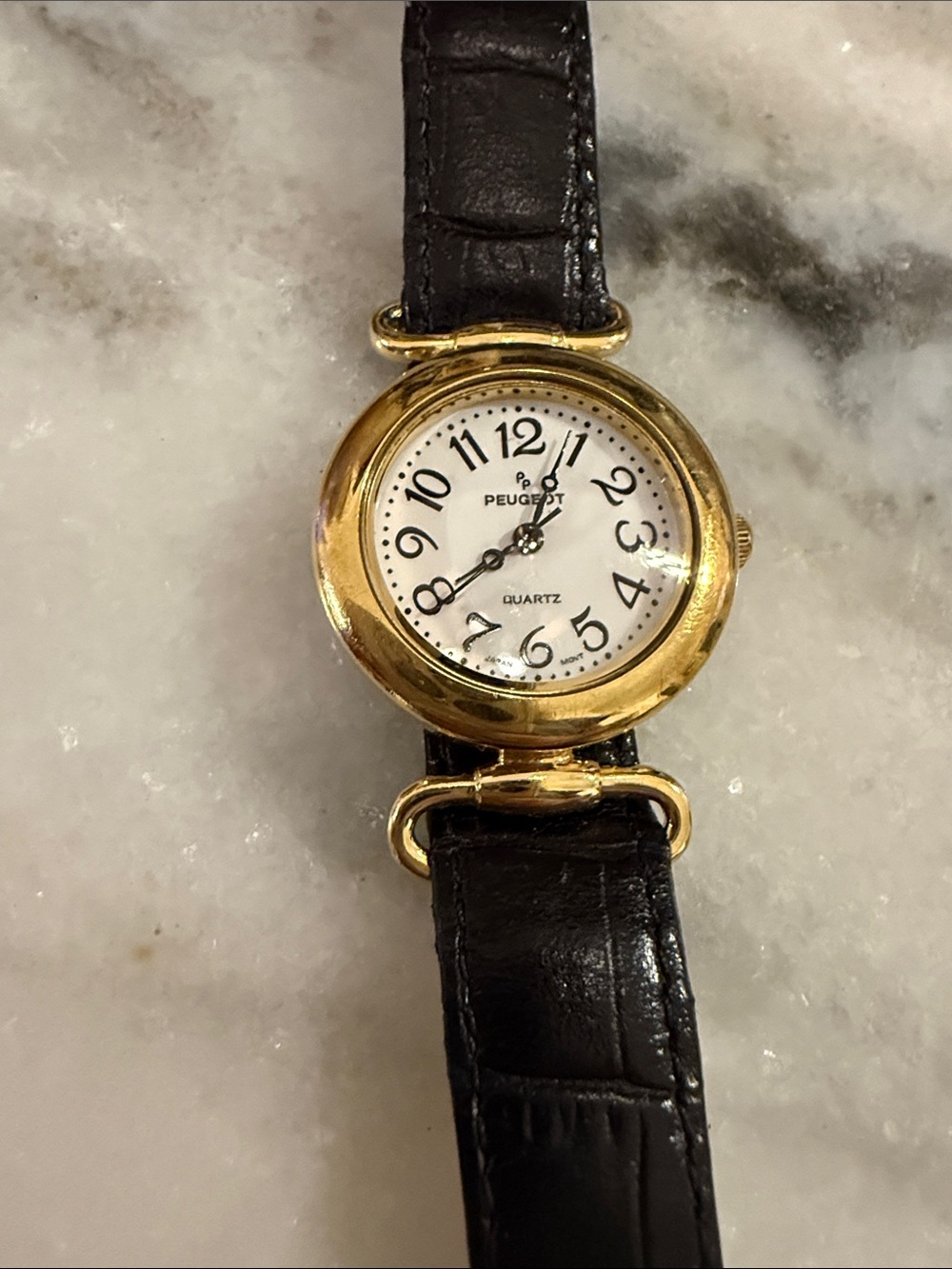 Vintage Peugeot Gold-Tone Round Watch with Black Leather Strap Working